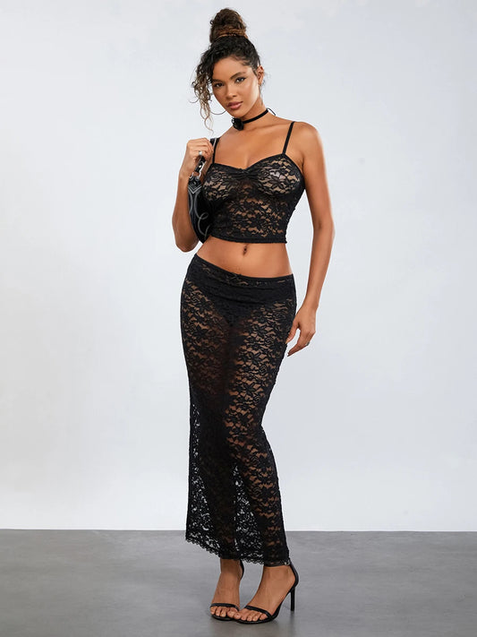 See-Through Black Lace Crochet Camis Crop Top Long Floral Skirt