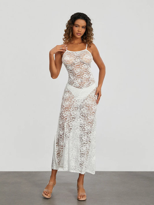 See-Through White Lace Sheer Backless Spaghetti Strap Sundress