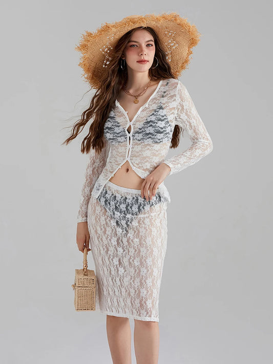 White Lace Mesh Long Sleeve Button-Down Floral Skirt Set