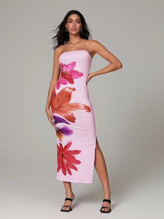 Sexy Strapless Backless Bodycon Floral Dress