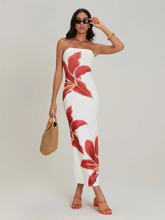 Sexy Strapless Backless Bodycon Floral Dress