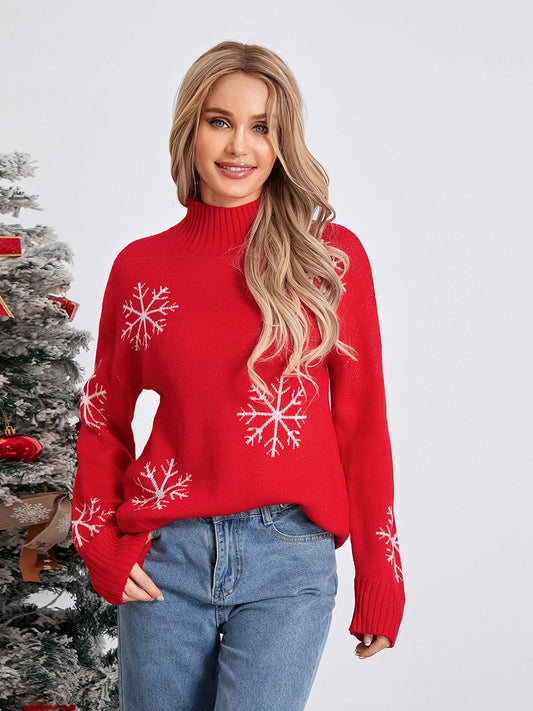 Jacquard Snowflake Long Sleeve TurtleNeck Loose Knit Christmas Sweater