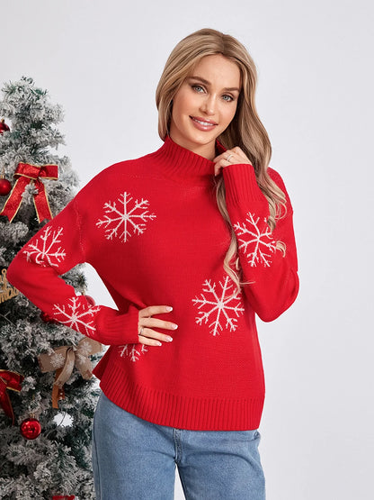 Jacquard Snowflake Long Sleeve TurtleNeck Loose Knit Christmas Sweater