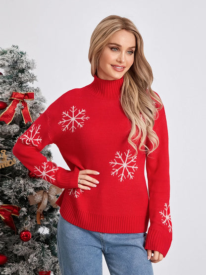 Jacquard Snowflake Long Sleeve TurtleNeck Loose Knit Christmas Sweater