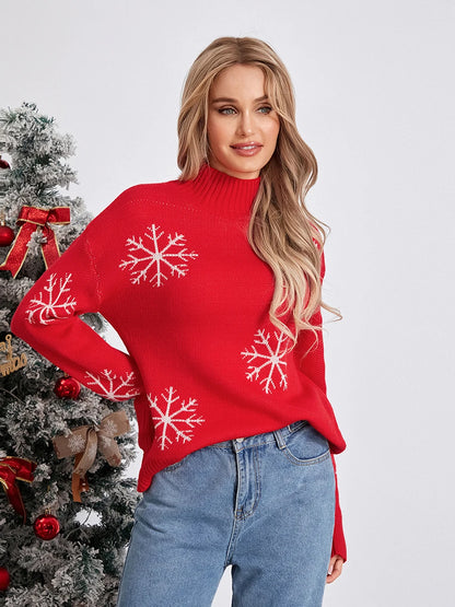 Jacquard Snowflake Long Sleeve TurtleNeck Loose Knit Christmas Sweater