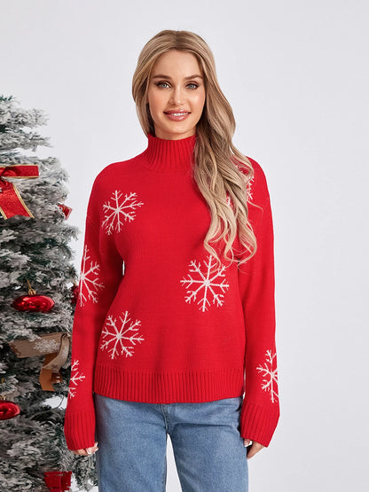 Jacquard Snowflake Long Sleeve TurtleNeck Loose Knit Christmas Sweater