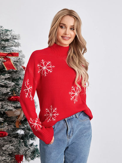 Jacquard Snowflake Long Sleeve TurtleNeck Loose Knit Christmas Sweater