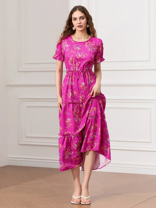 Floral Ruched Tiered Puff Sleeve Pleated Flowy Long Floral Dress