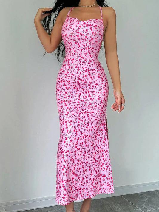 Floral Tied Backless Halter Split Floral Dress