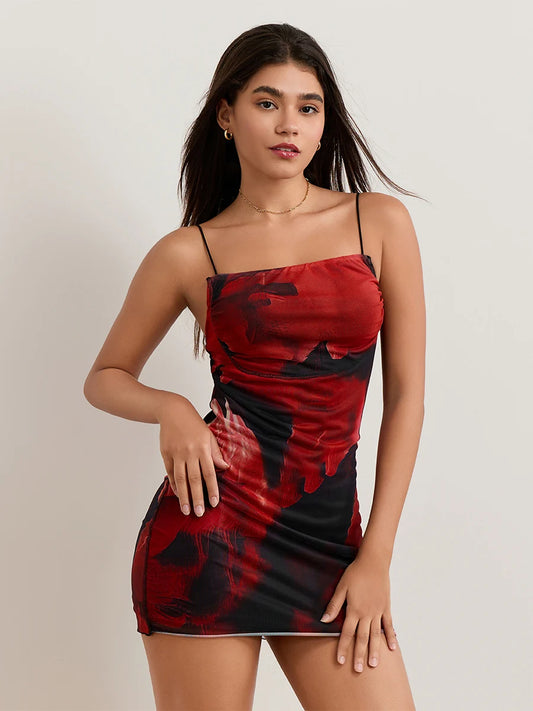 Hot Floral Print Sheath Backless Spaghetti Mini Nightclub Floral Dress