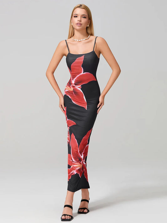 Sexy Spaghetti Straps Bodycon O-neck Wrap Cami Floral Dress