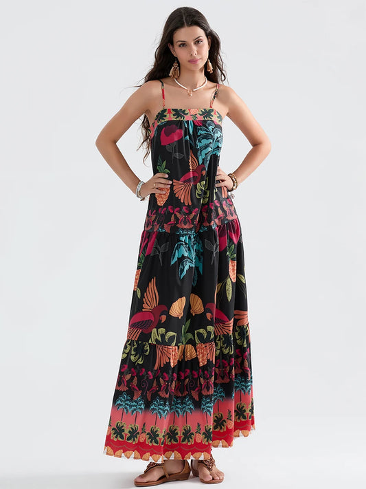 Boho Flowy Leaves Floral Ruched A-Line Floral Dress