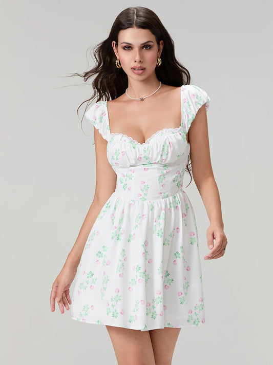 Sweet Elegant Floral Corset Mini Lace Trim Low-Cut Backless A-Line Dress