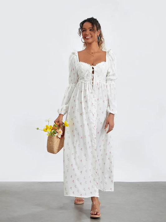 Sweet Floral Print Puff Sleeve High Split Floral Dress