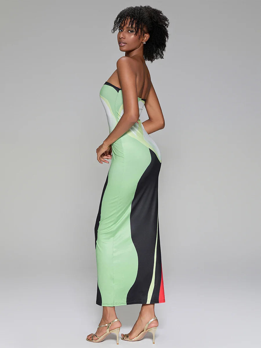 Abstract Print Strapless Side Split Floral Dress floraldress-250126