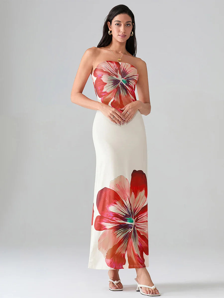Floral Print Bandeau Strapless Wrap Floral Dress floraldress-250126