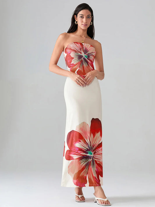 Floral Print Bandeau Strapless Wrap Floral Dress floraldress-250126