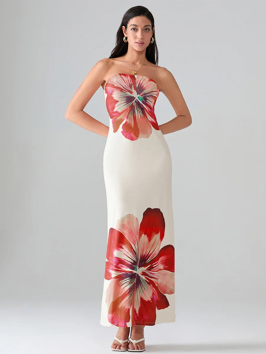 Floral Print Bandeau Strapless Wrap Floral Dress floraldress-250126