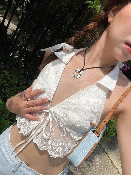 Eyelet Embroidery Halter Lace Ruffle Backless Crop Vest