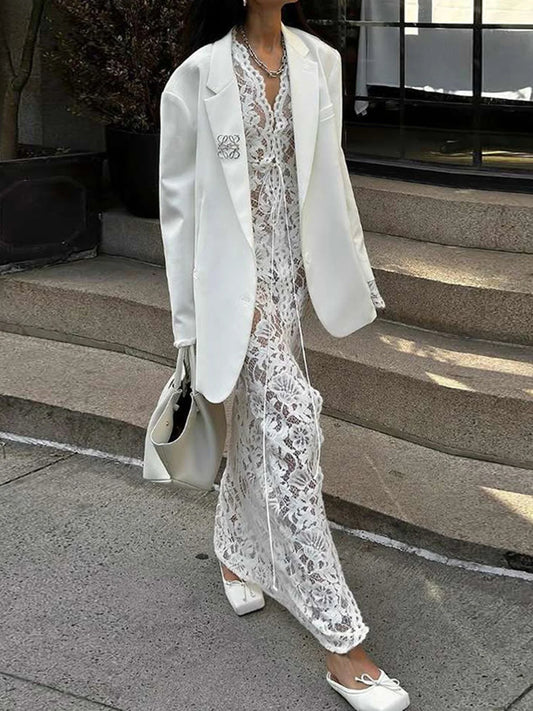 White Lace Crochet Floral Deep V Cross Tied Slit Floral Dress