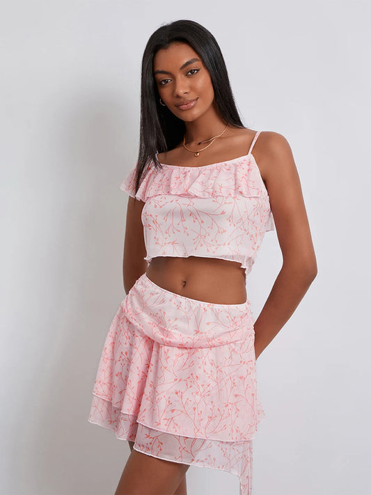 Floral Print Ruffle Sling Crop Cami Mini Skirt Floral Dress