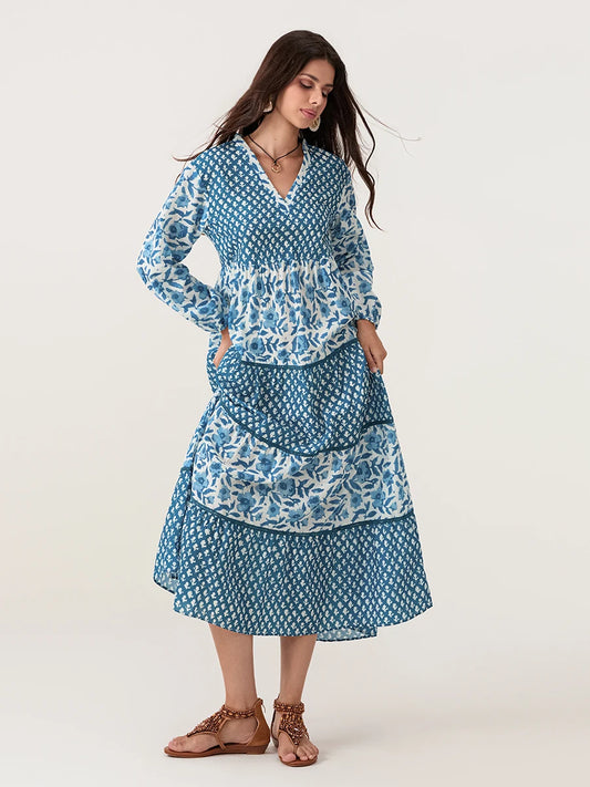 Autumn Floral Long Sleeve V-Neck Loose A-Line Floral Dress