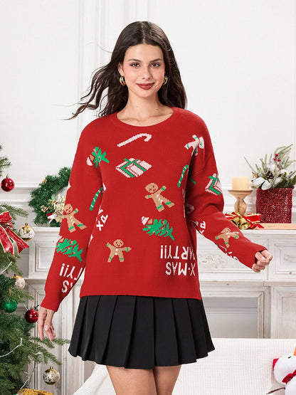 Drop Shoulder Gingerbread Man Pattern Long Sleeve Knit Christmas Sweater