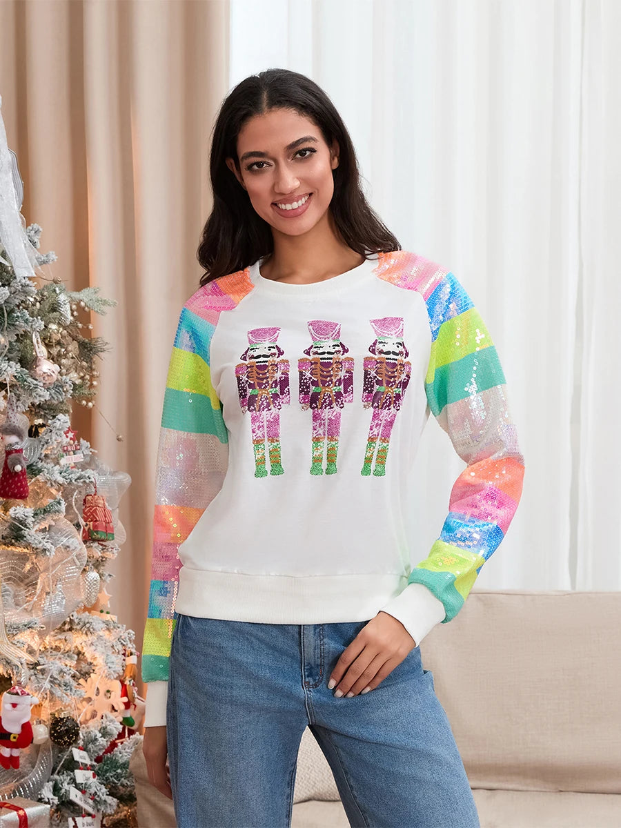 Cute Casual Autumn Patchwork Long Sleeve Sequined Christmas Sweater