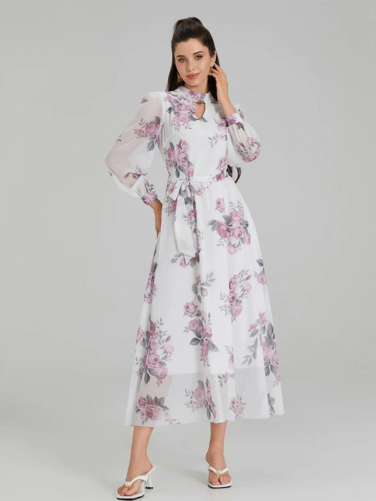 Elegant Floral Print Chiffon Long Lantern Sleeve Tie Waist Floral Dress