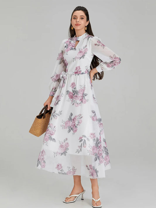 Elegant Floral Print Chiffon Long Lantern Sleeve Tie Waist Floral Dress