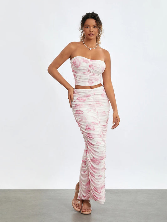 Chic Off-Shoulder Tube Top Wrap Long Floral Skirt Set