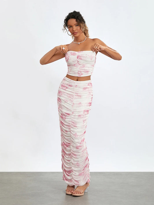 Chic Off-Shoulder Tube Top Wrap Long Floral Skirt Set