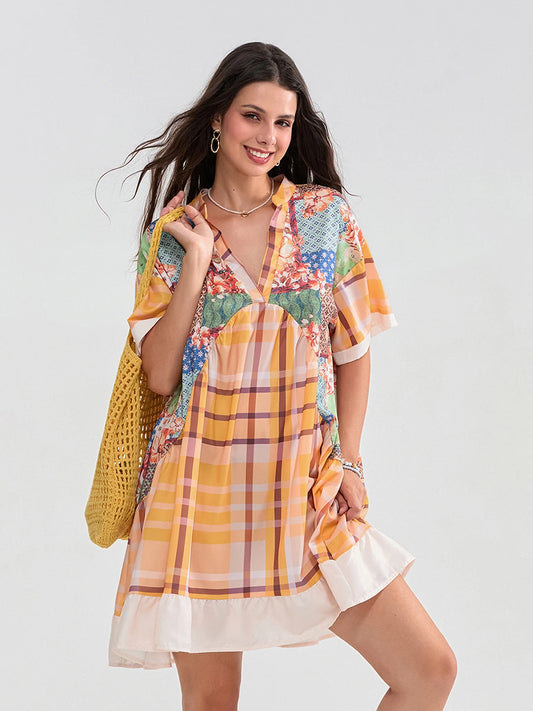 Floral Print Patchwork Flowy V-neck Loose A-Line Mini Floral Dress