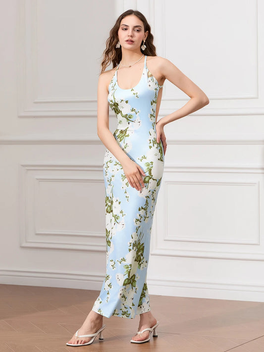 Backless Party Spaghetti Strap U-neck Bodycon Evening Floral Dress