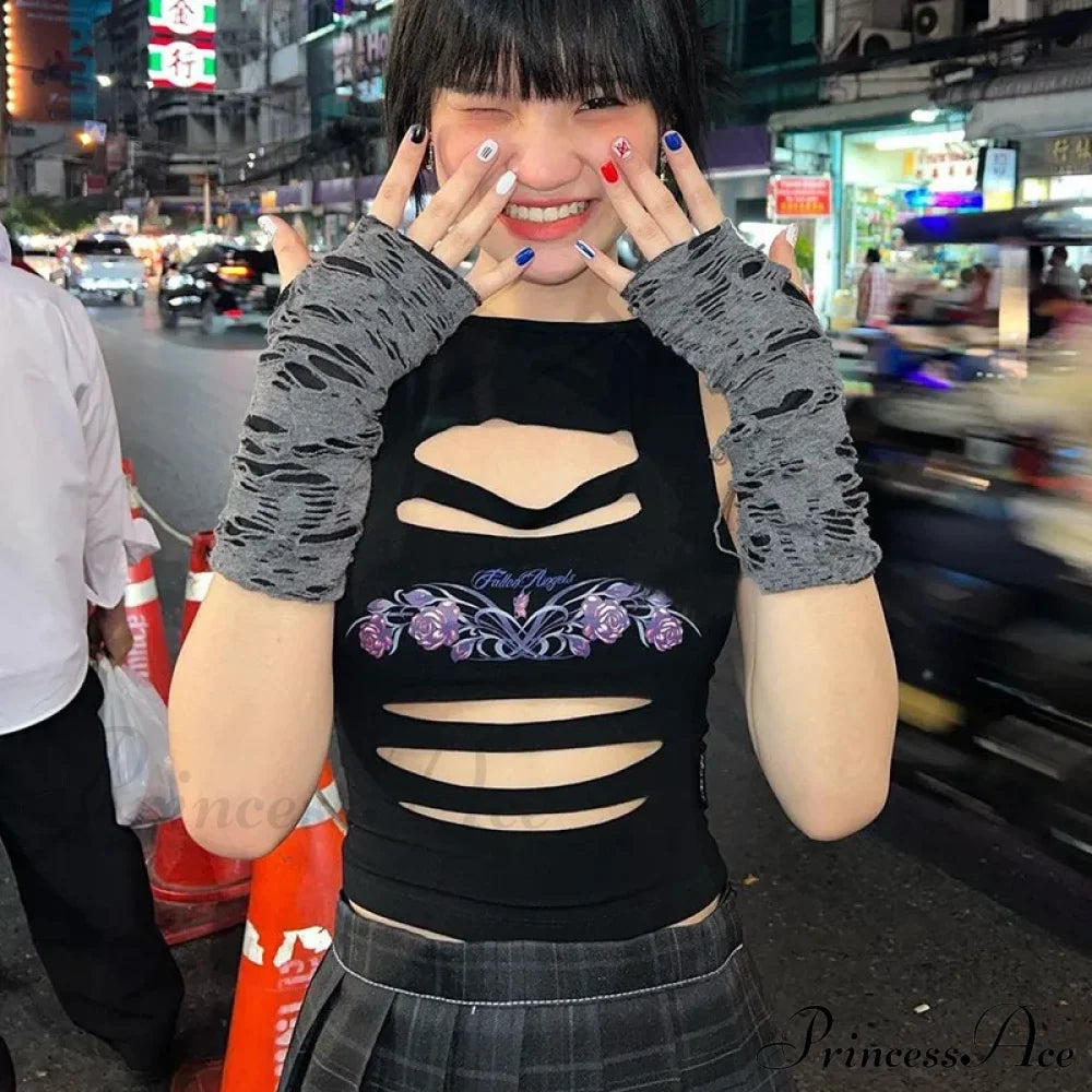 Y2K Aesthetics Hollow Out Fairycore Grunge Sexy Mall Goth Harajuku Crop Top Halloween