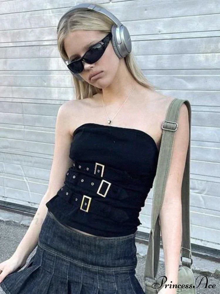 Y2K Bandage Buckle Corset Black Punk Grunge Gothic Retro Streetwear Crop Top Halloween