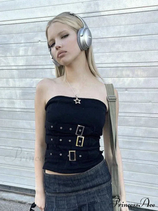 Y2K Bandage Buckle Corset Black Punk Grunge Gothic Retro Streetwear Crop Top Halloween