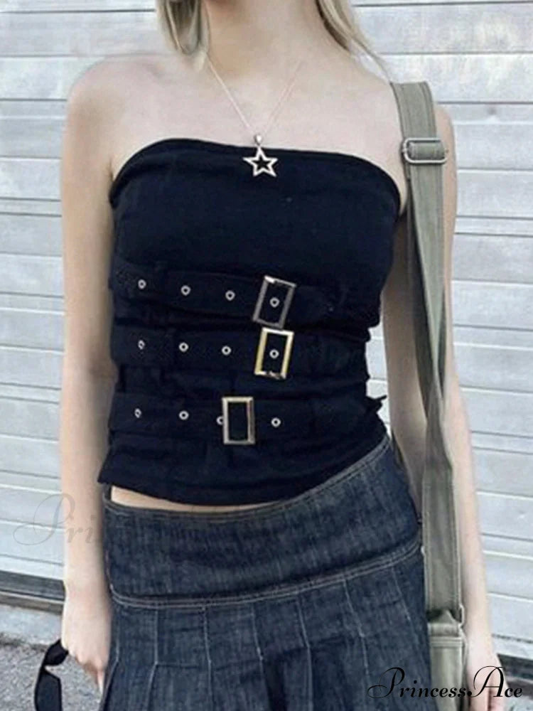 Y2K Bandage Buckle Corset Black Punk Grunge Gothic Retro Streetwear Crop Top / S Halloween