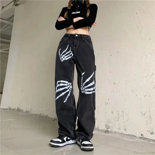 Y2K Black Jeans Print Street Pants Black / S