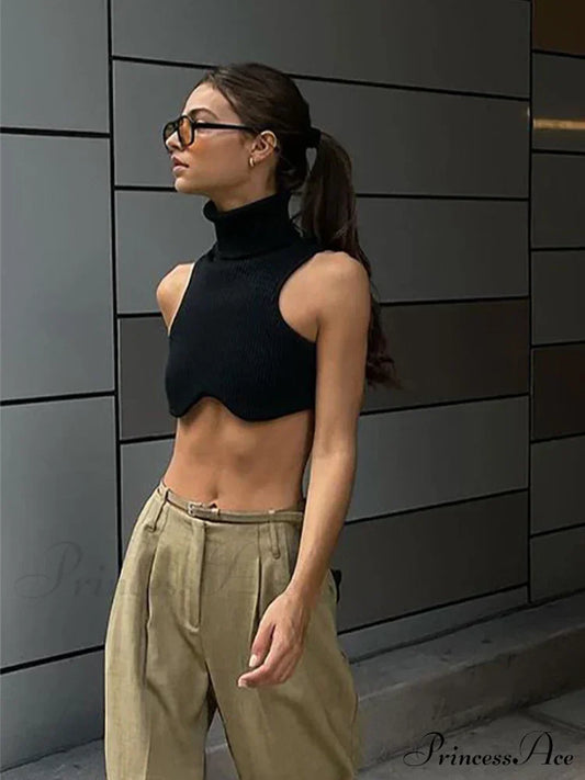 Y2K Black Knitting Turtleneck Crop Women Irregularity Skinny Elasticity Fashion Club Streetwear