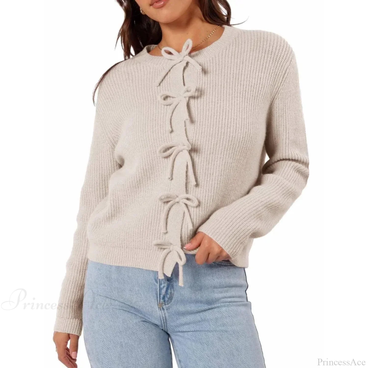 Y2K Bow Front Round Neck Cardigan Beige / S Cardigan-241208