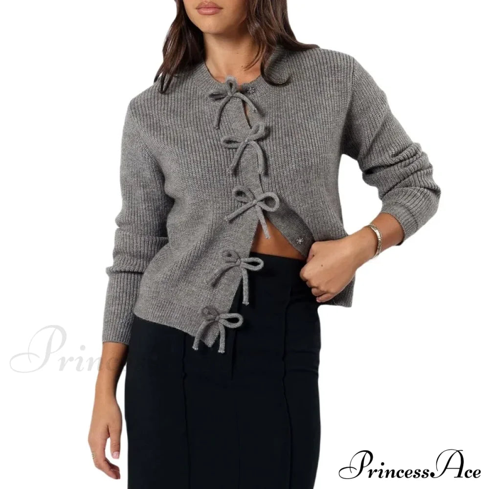 Y2K Bow Front Round Neck Cardigan Gray / S Cardigan-241208