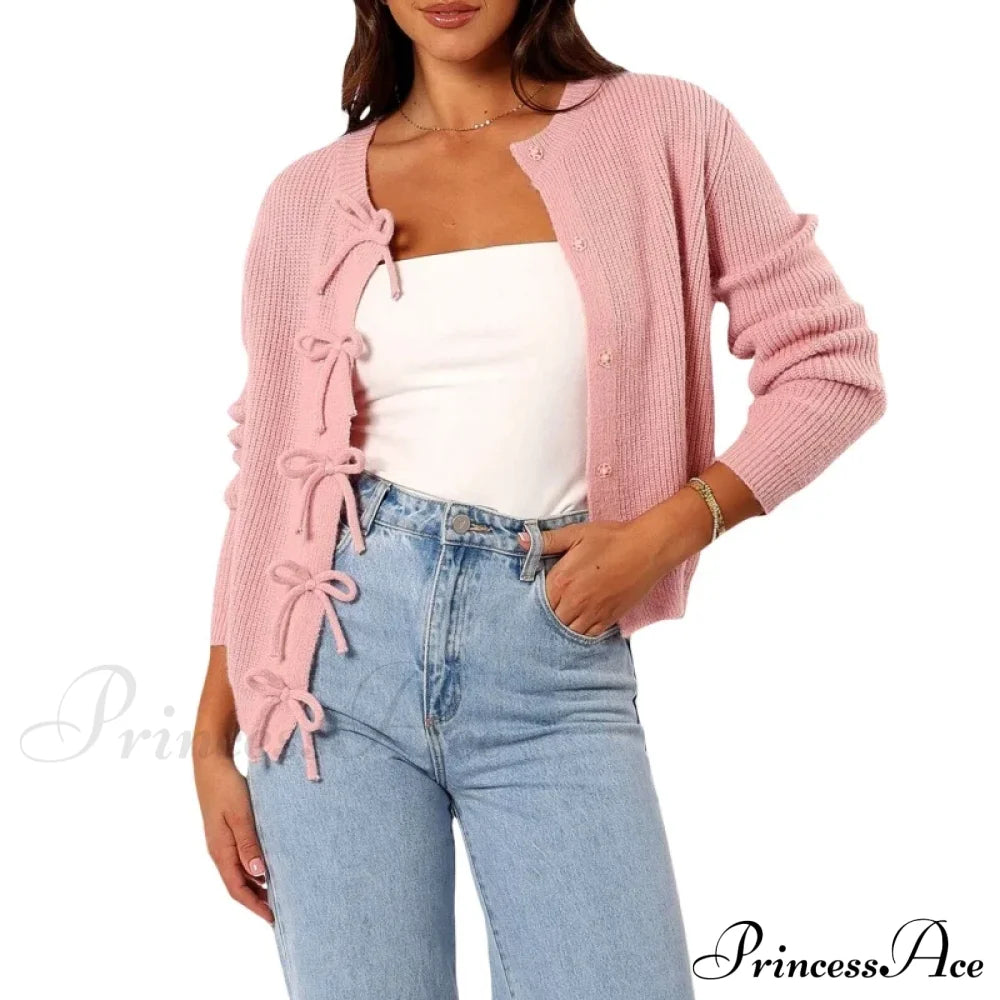 Y2K Bow Front Round Neck Cardigan Pink / S Cardigan-241208