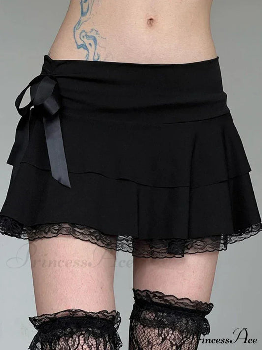 Y2K Bow Lace Trim A-Line Party Mini Mall Gothic Ruffles Low Waist Black Women Lolita Fashion Skirt