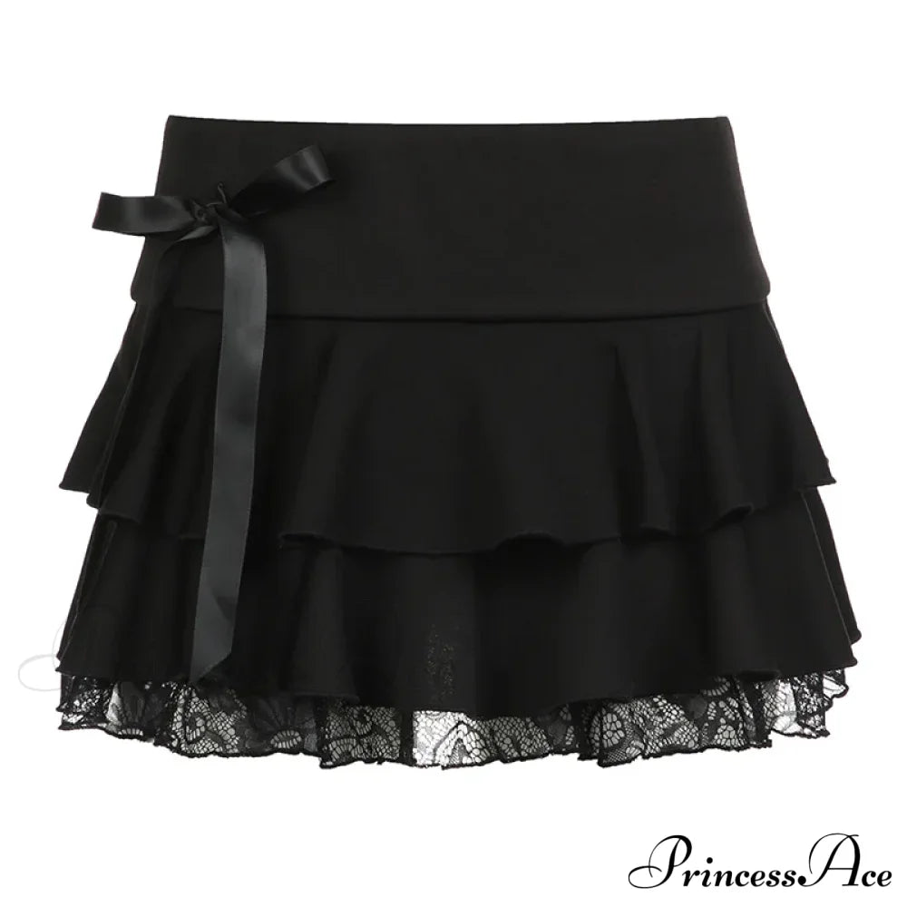 Y2K Bow Lace Trim A-Line Party Mini Mall Gothic Ruffles Low Waist Black Women Lolita Fashion Skirt