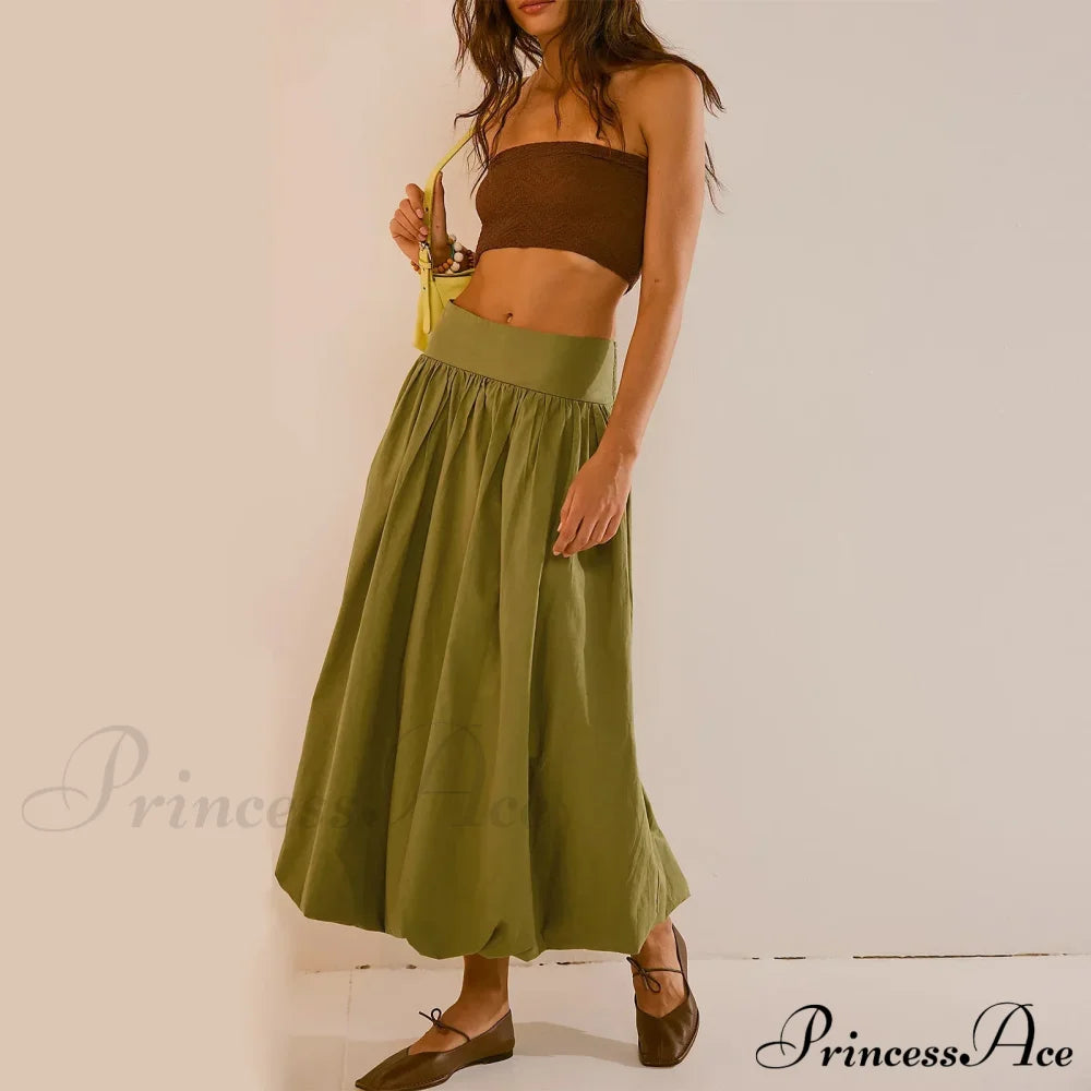 Y2K Bubble Maxi Color Ruffle Pleated Midi Skirt Green / S