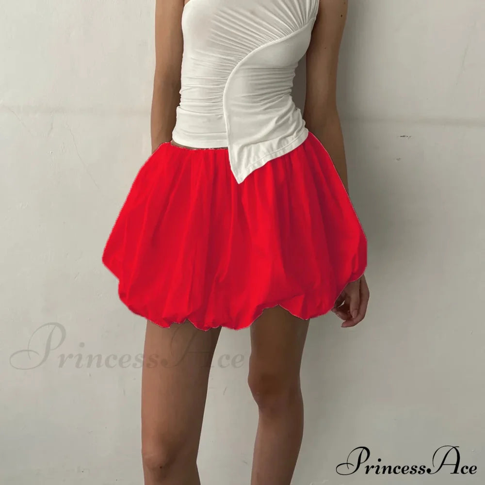 Y2K Bubble Pleated Hem A Line Mini Skirt Red / S