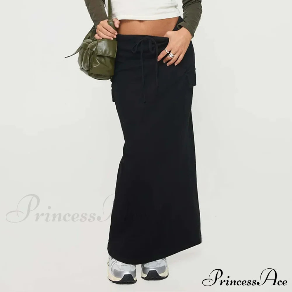 Y2K Cargo Drawstring Bodycon Slit Maxi Skirt