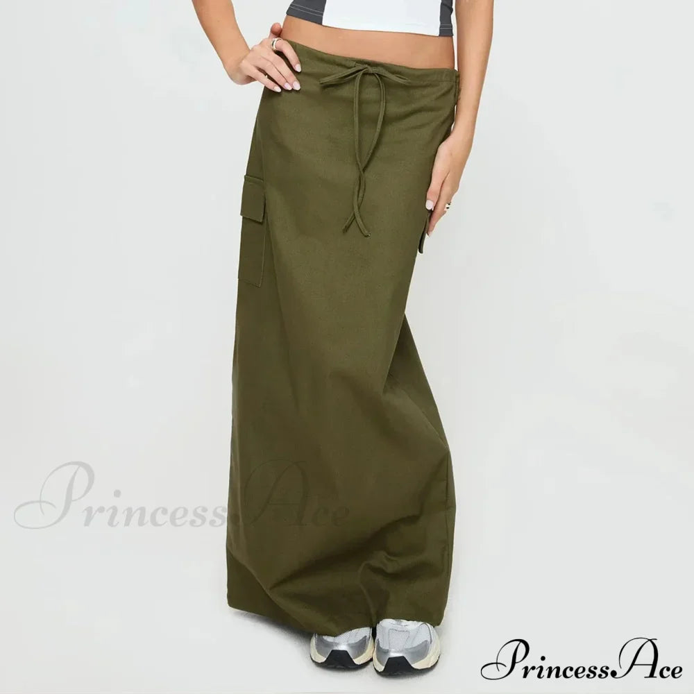 Y2K Cargo Drawstring Bodycon Slit Maxi Skirt Army Green / S