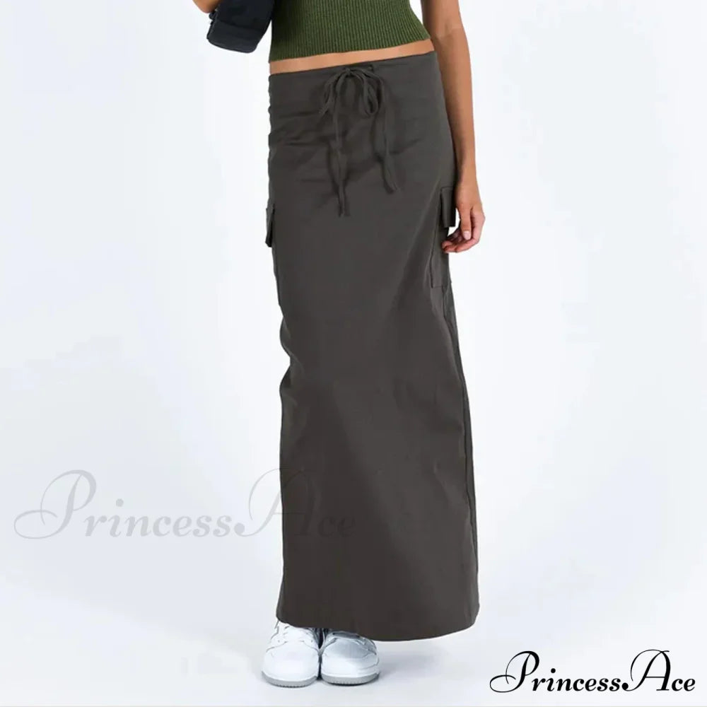 Y2K Cargo Drawstring Bodycon Slit Maxi Skirt Dark Grey / S